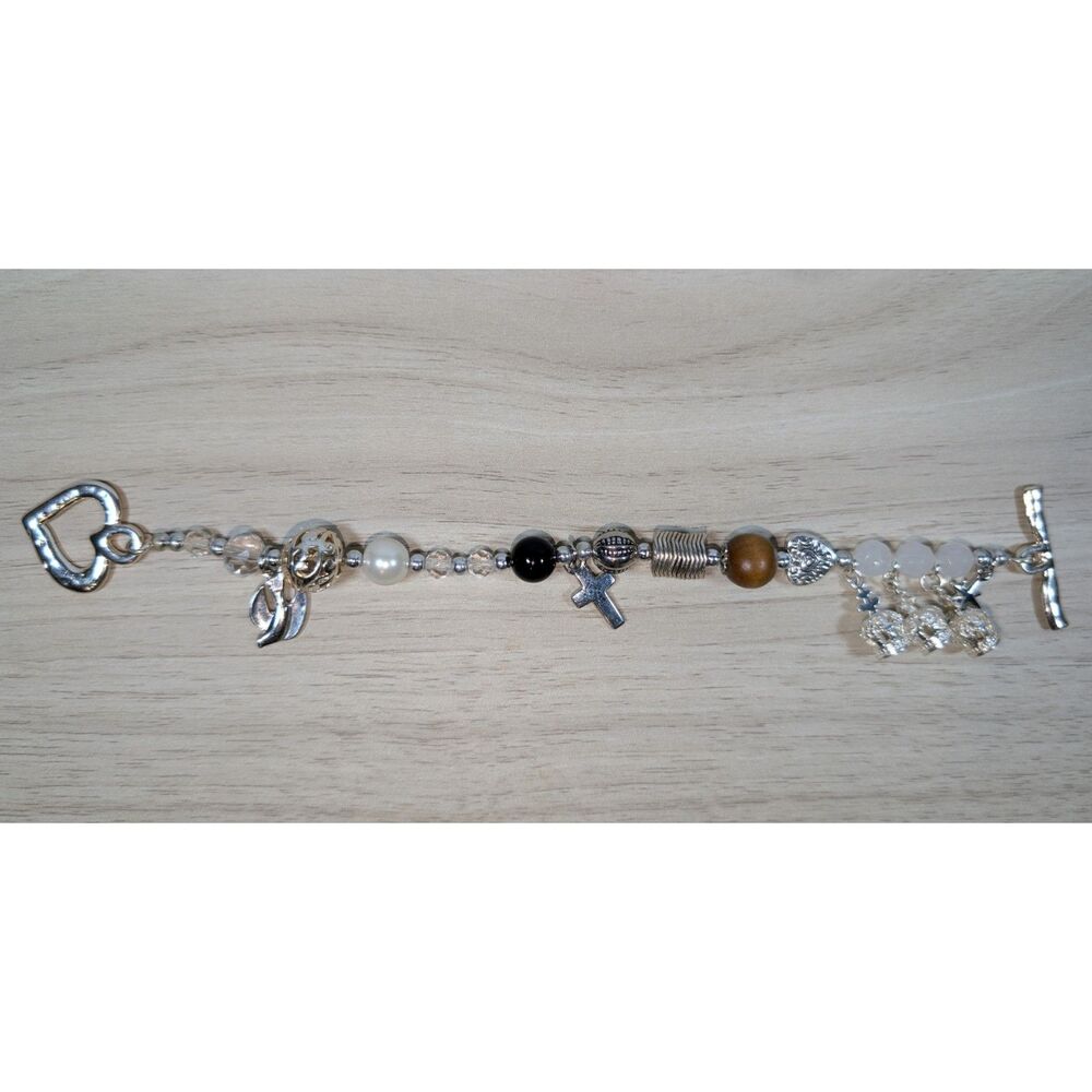 Charm Beaded Bracelet Silver Tone Cross Skull Heart Toggle Clasp